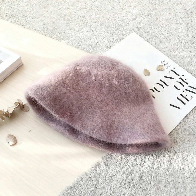 Angola Long Rabbit Fur Bucket Hat - Warm Winter Beanie for Women 7