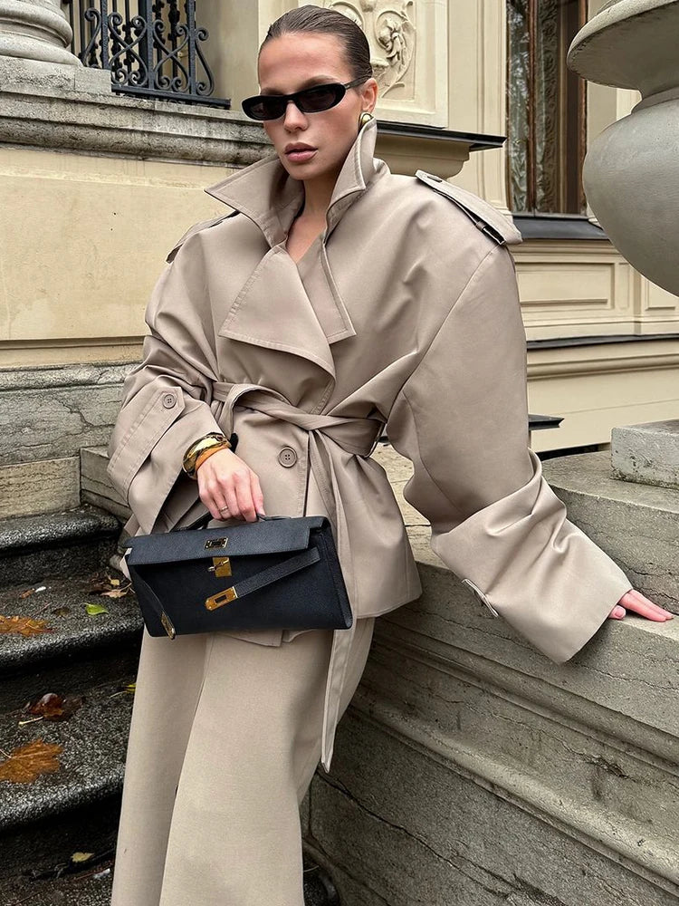 Belted Waist Cropped Trench Coat for Women - Double Breasted Stand Collar Autumn Elegant Vintage Jacket