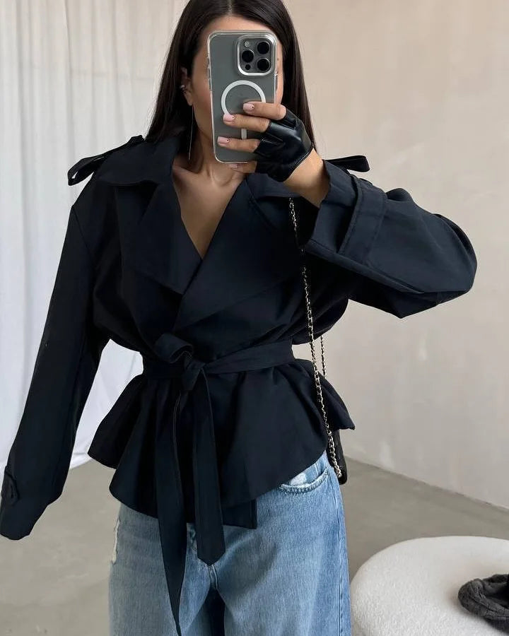 Belted Waist Cropped Trench Coat for Women - Double Breasted Stand Collar Autumn Elegant Vintage Jacket