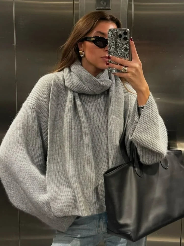 Casual Grey Oversized Sweater - Women's Full Sleeve Knitted Pullover 0