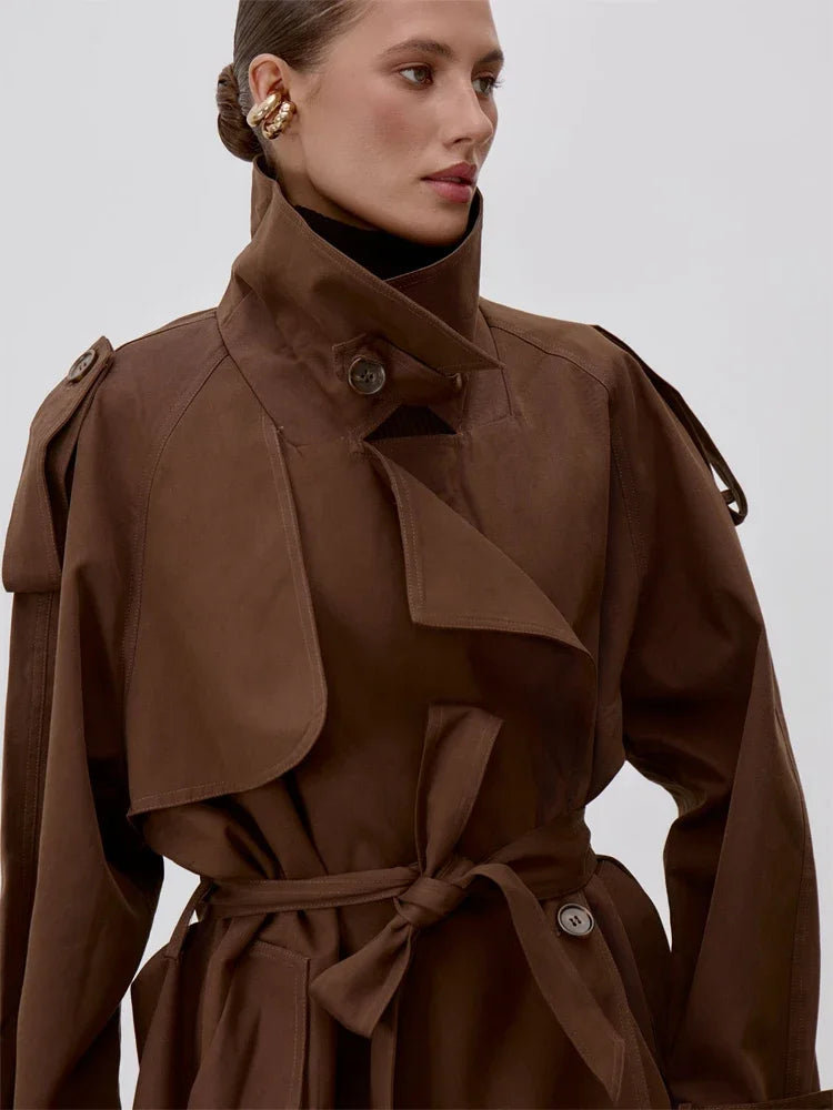 Chic Stand Collar Lace Up Trench Coat Women Long Sleeves Single Breasted Windbreaker 2026 4