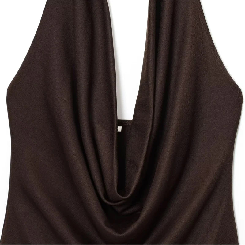 Halter Neck Off Shoulder Brown Bodysuit for Women - Ruched Thong One Piece 4