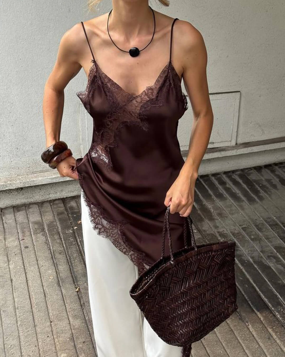 Soera Arah Asymmetric Satin Lace Midi Dress