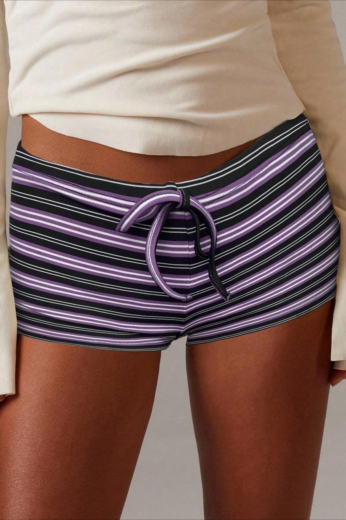 SOERA Malina Stripe Drawstring Low Waist Shorts - Bottoms - Purple S