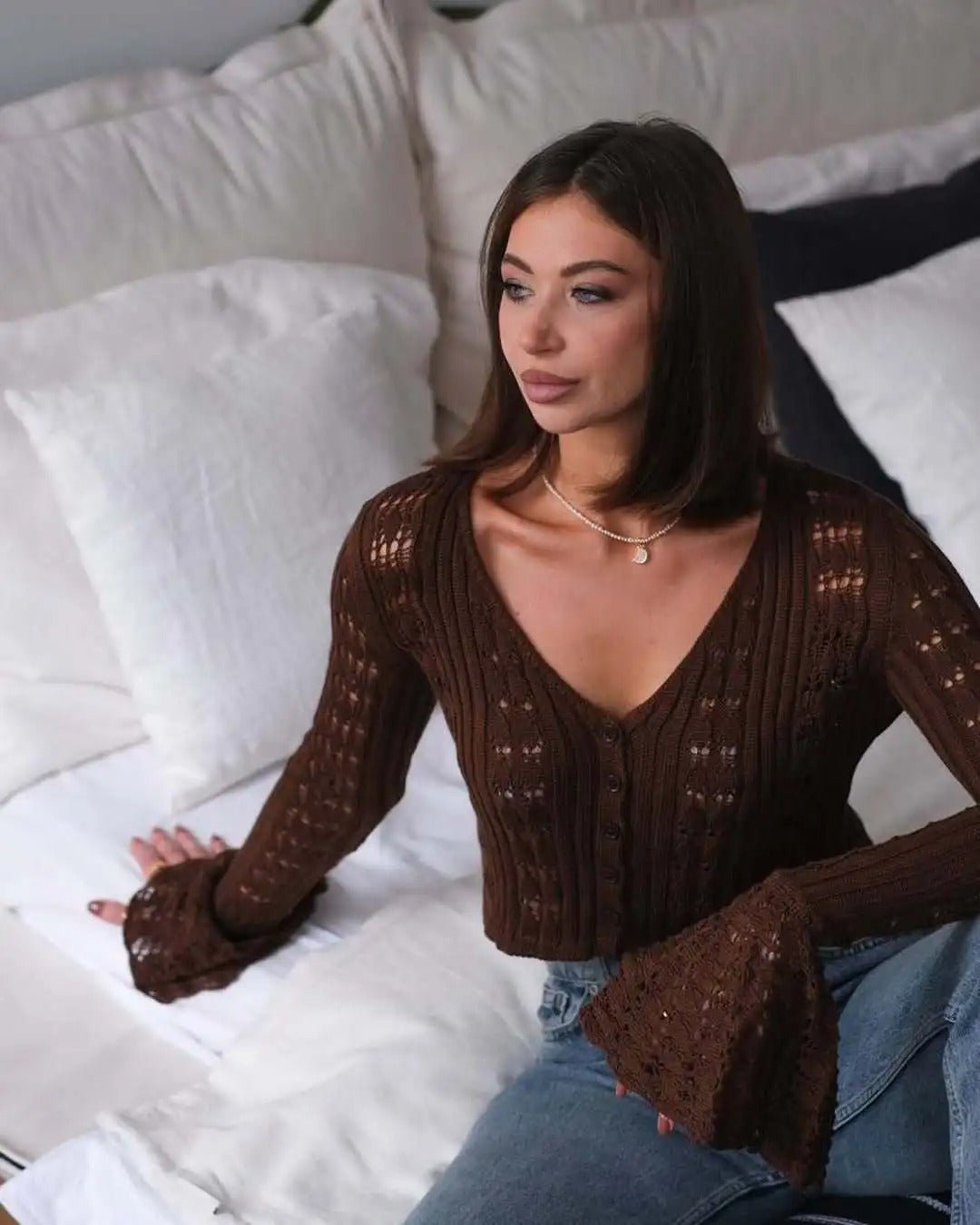 SOERA Ivana Hollow Out Knitted Cardigan - Cardigans - CQ1771188465071014042 Chocolate L