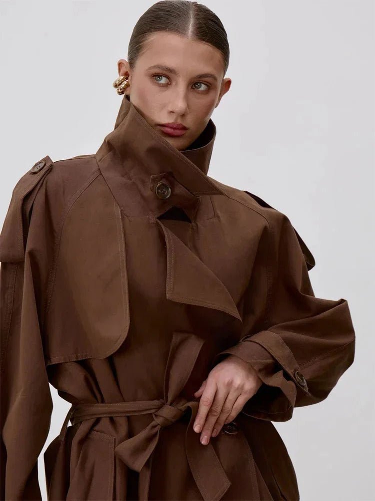 SOERA Octavia Lace - Up Stand Collar Trenchcoat - Coat - Brown S