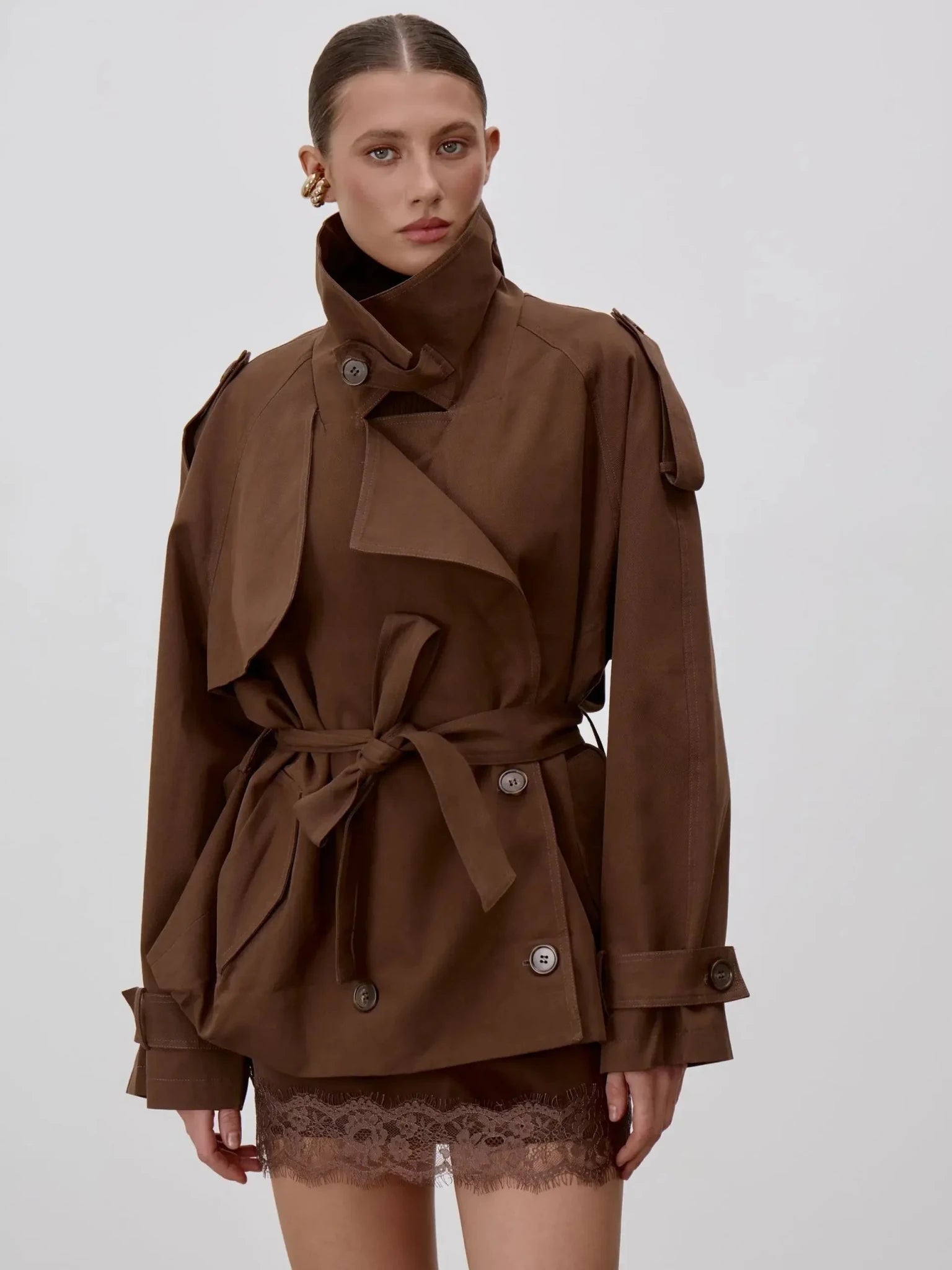 SOERA Sonia Lace Up Stand Collar Trenchcoat - Coats & Jackets - 1005011734952768-;Ni1773321573271304204 Beige S