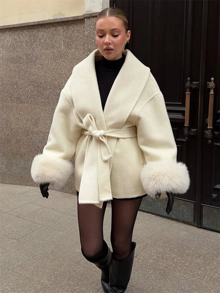 SOERA Wool Wrap Coat with Fox Fur Cuff - Coats & Jackets - 3256809512722732-;qf1766845283309419072 Short Burgundy L