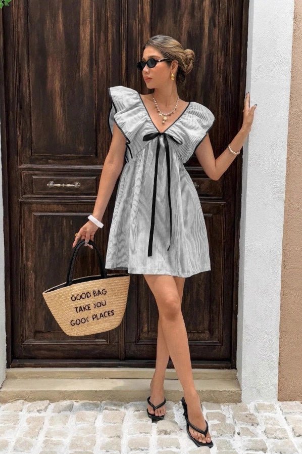 SOERA Beatrice Striped V - Neck Ruffle Mini Dress - Dress - Black M