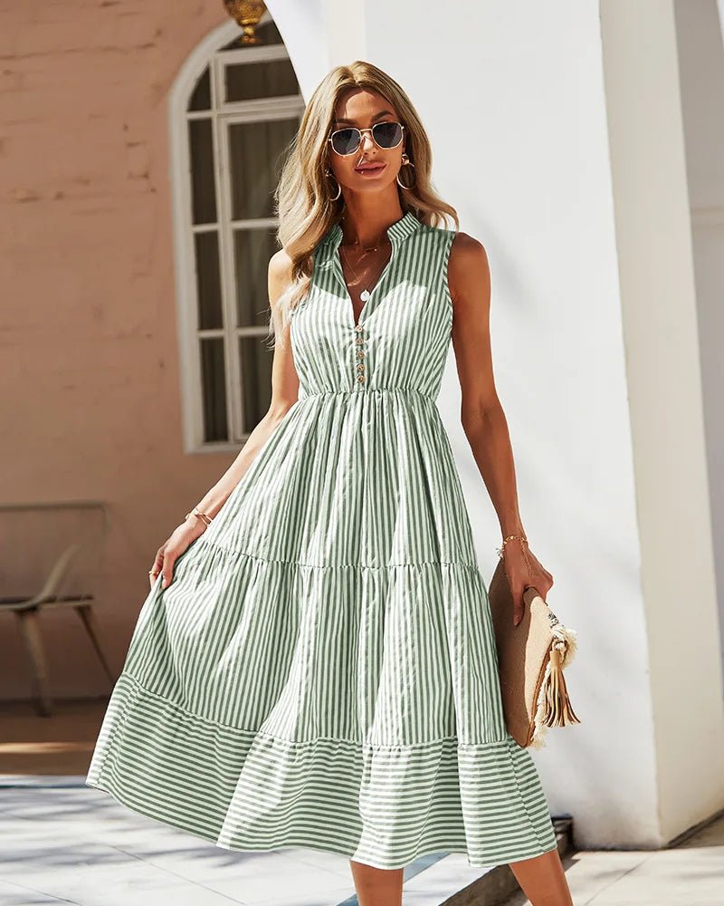 SOERA Bianca Striped V - Neck Sleeveless Shirt Dress - Dress - Olive S