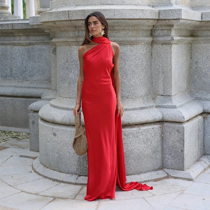 SOERA Demetra Satin Halter Backless Evening Gown - Dress - Red M