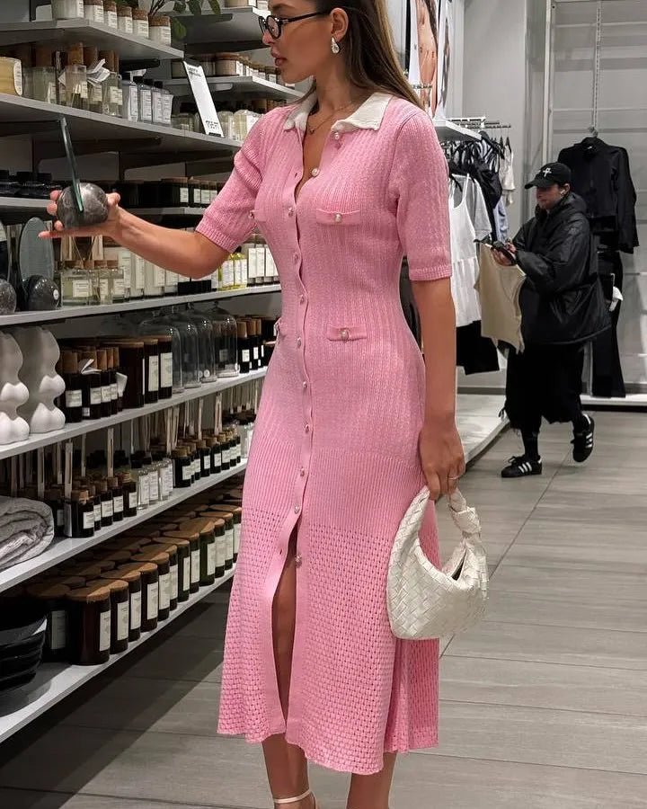 SOERA Hannelore French V - Neck Knitted Slit Dress - Dress - Pink S