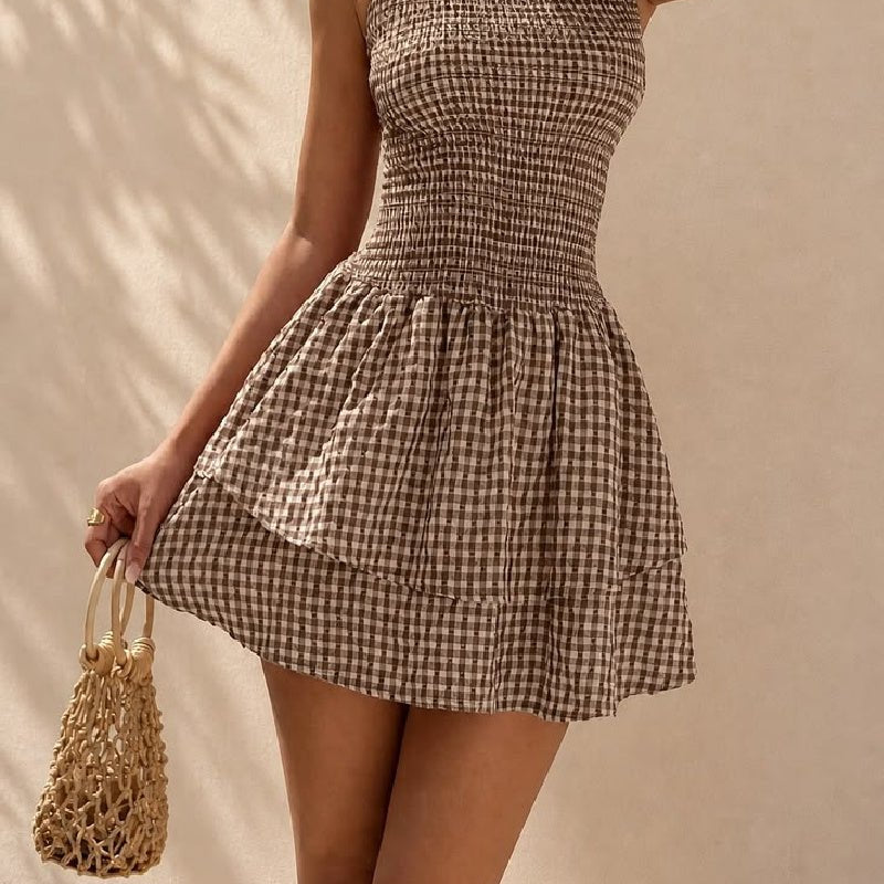SOERA Hazel Plaid Smocked Mini Dress - Dress - SOERA-258883-COF-S-58915 Brown S