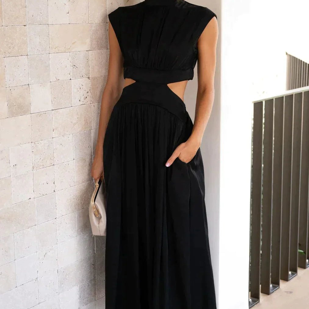 SOERA Valentina High - Neck Midi Dress with Waist Cutouts - Dress - Black XS