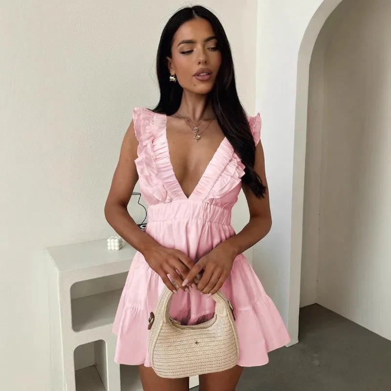 SOERA Zelia V - Neck Ruffle Sleeveless Dress - Dress - Pink XS