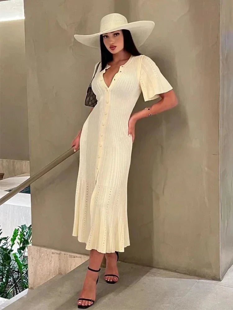 SOERA Bianca Bell Sleeve Pleated Knit Midi Dress - Dresses - Beige S