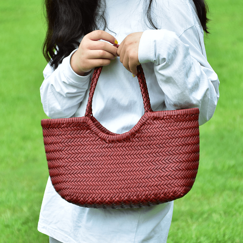 SOERA Beatrice Woven Leather Tote Bag - Handbags - Burgundy Small