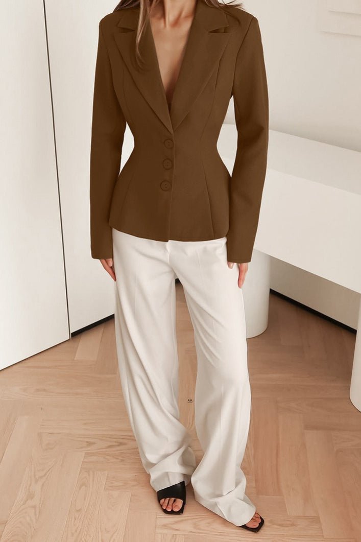 SOERA Vivienne Fitted V - Neck Padded Shoulder Blazer - Jacket - Brown M