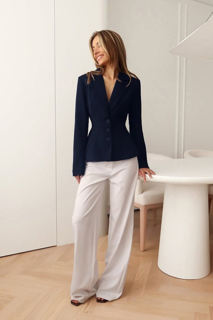 SOERA Vivienne Fitted V - Neck Padded Shoulder Blazer - Jacket - Navy L