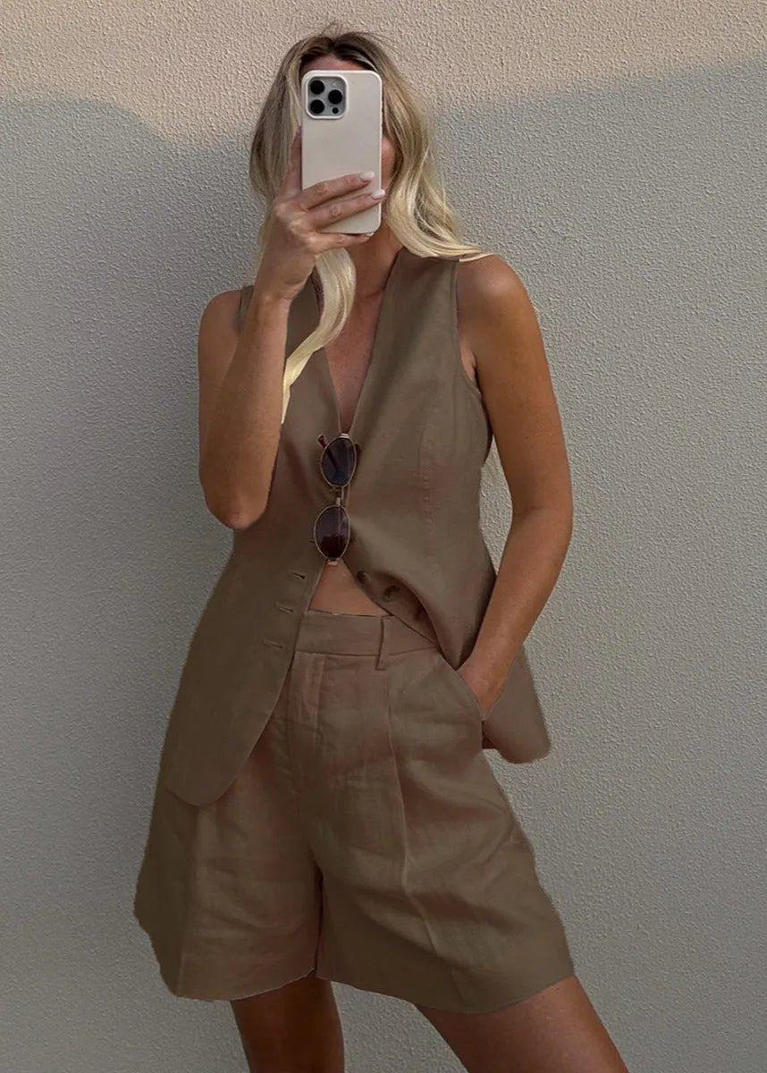 SOERA Bianca Tailored Vest and Shorts Set - Jumpsuits & Rompers - Beige M