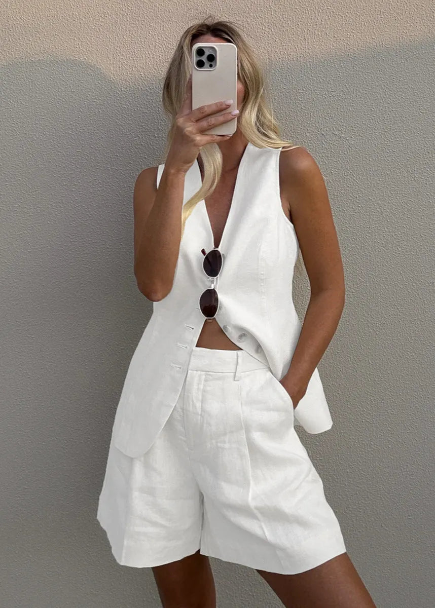 SOERA Bianca Tailored Vest and Shorts Set - Jumpsuits & Rompers - Beige M