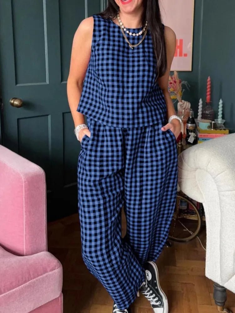 SOERA Zara Plaid Sleeveless Vest Nine Point Pants Set - Jumpsuits & Rompers - Blue S