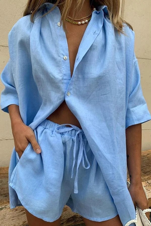 SOERA Erica Button-Down Blouse & Shorts Set - Matching Sets - 1005009100613909-;Nv1776125342985607746 Blue S