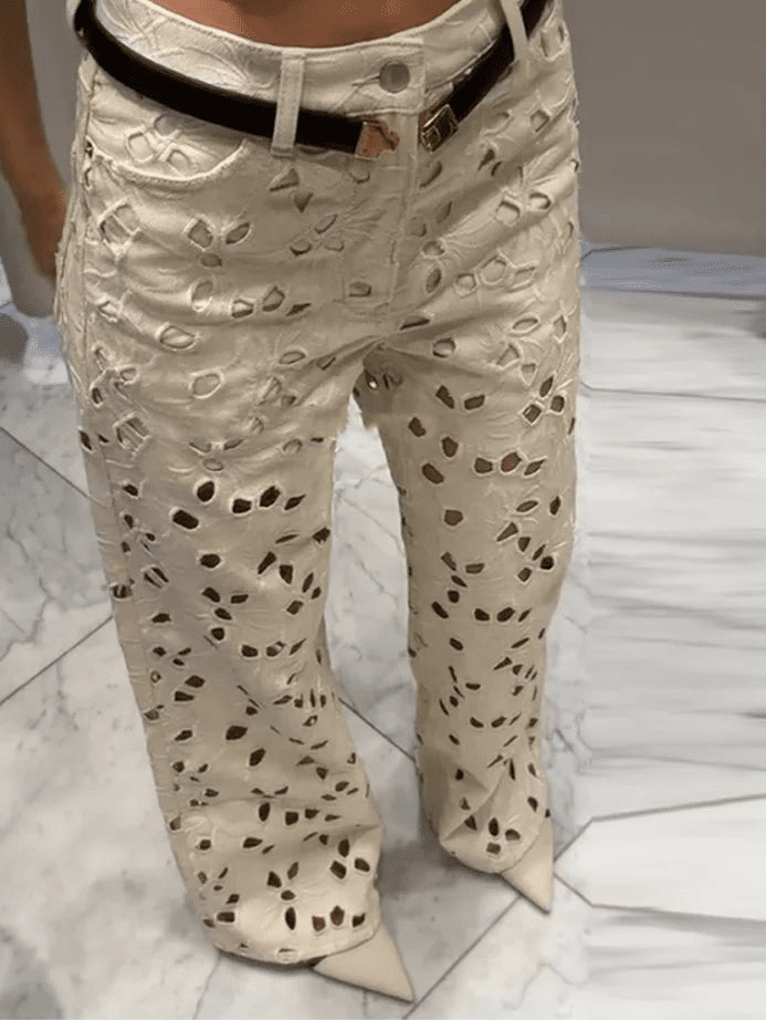 SOERA Anais Hollow-Out Denim High Waist Straight Jeans - Pants - Beige S