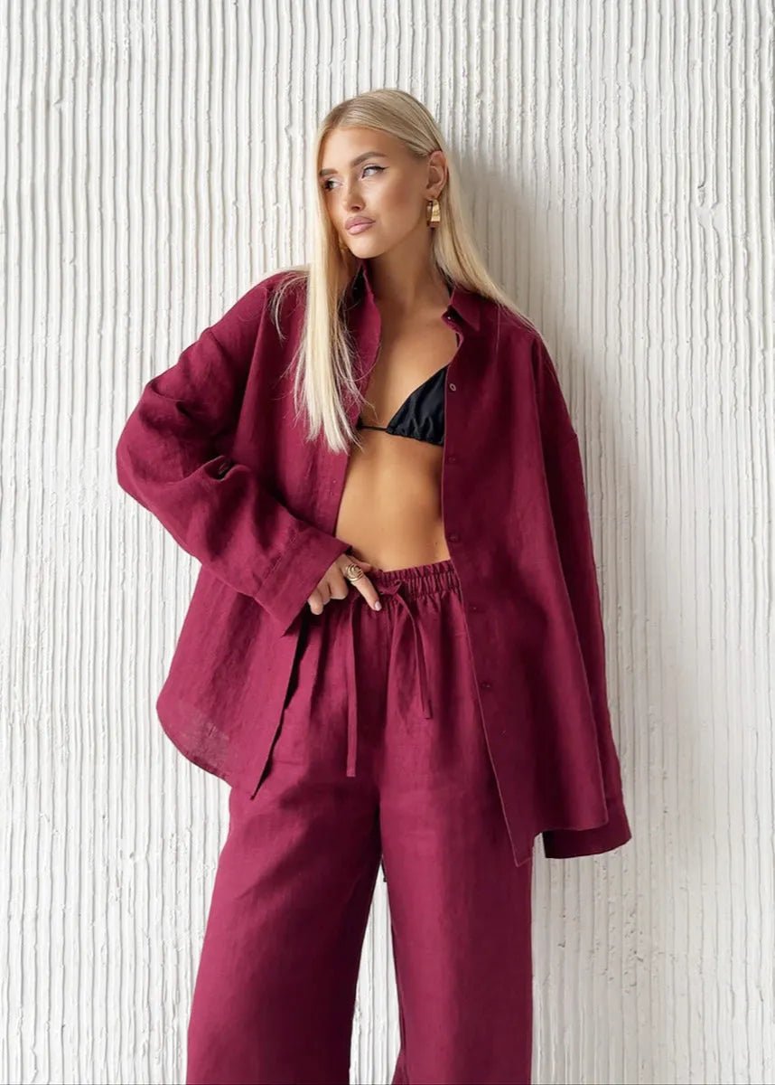 SOERA Bianca Relaxed Cotton Shirt & Wide - Leg Pants Set - Pants - Burgundy S