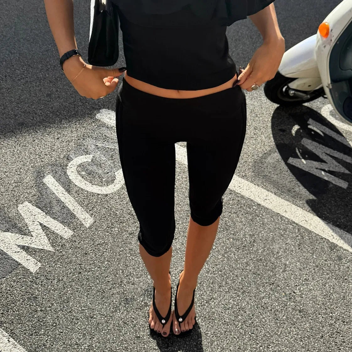 SOERA Halia Split Hem Capri Pants Fold Over Waist - Pants - Black