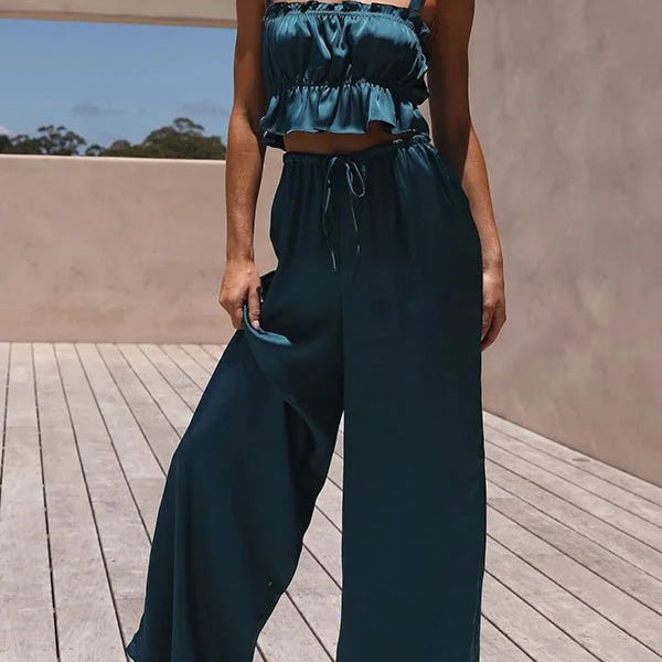 SOERA Julianne Ruffle Top Elastic Waist Pants Set - Set - LD1776125365231563326 Deep Blue S