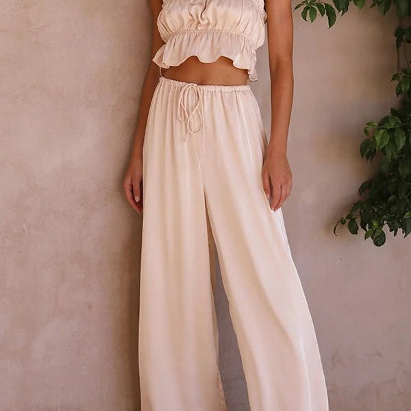 SOERA Julianne Ruffle Top Elastic Waist Pants Set - Set - ra1776125365231299244 Champagne S