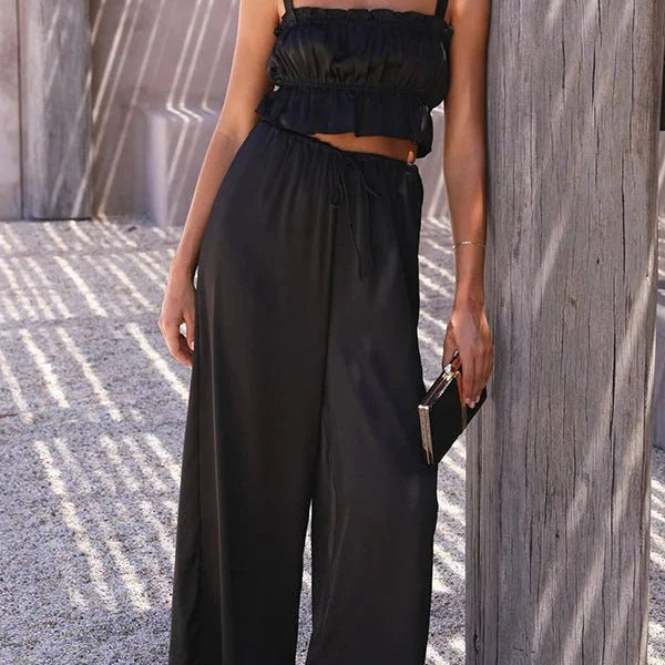 SOERA Julianne Ruffle Top Elastic Waist Pants Set - Set - Rj1776125365231051488 Black S