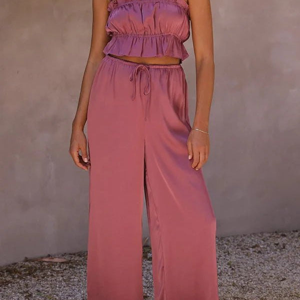 SOERA Julianne Ruffle Top Elastic Waist Pants Set - Set - tj1776125365231389724 Dusty Rose S