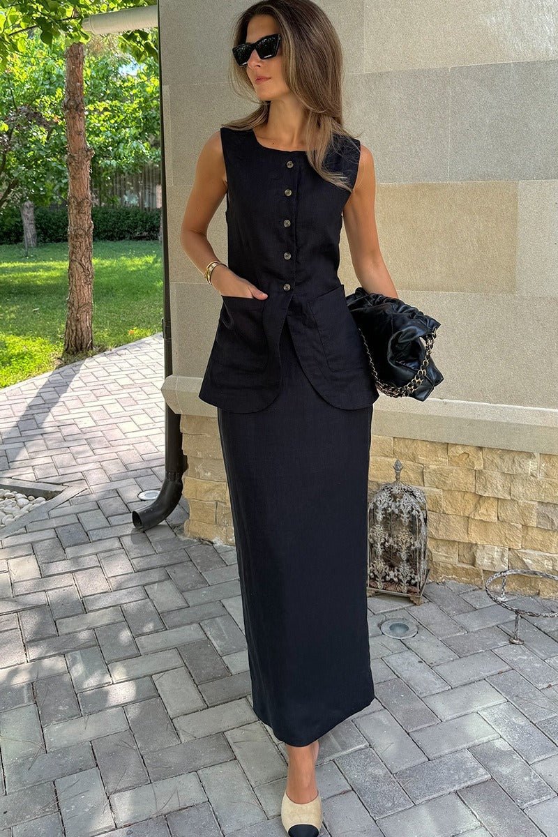 SOERA Lorelei Linen Vest High Waist Skirt Set - Set - Black S