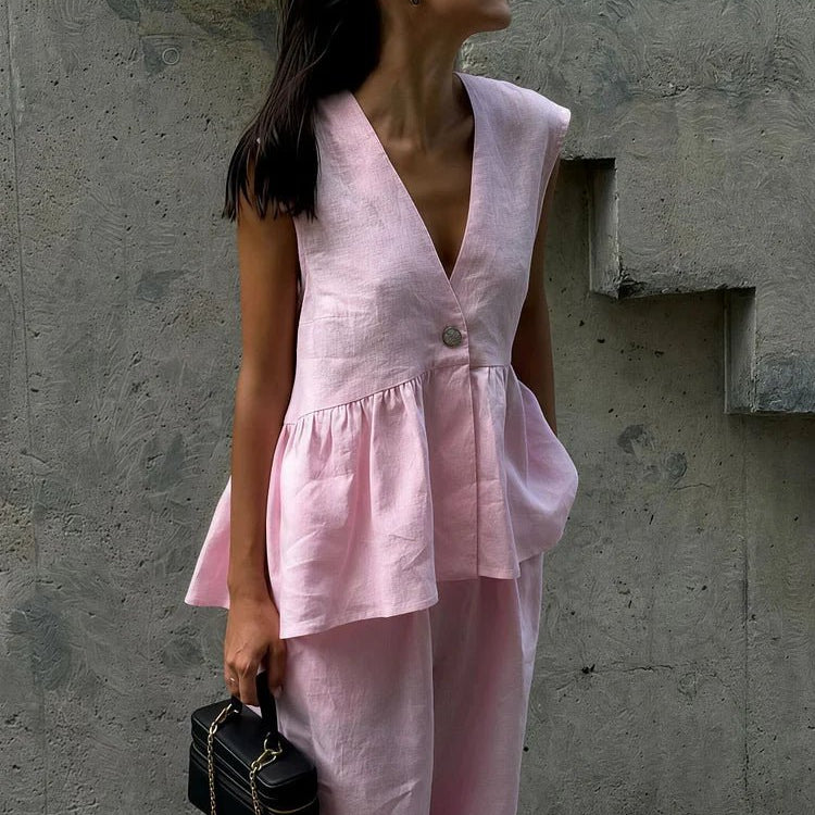 SOERA Sydney Ruffled Vest & Pants Set - Set - 1005008498710435-;KR1776125342950421820 Pink S