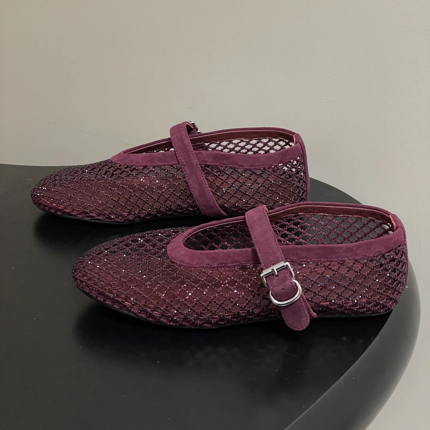 SOERA Jessica Rhinestone Mesh Ballet Flats - Shoes - Burgundy 34