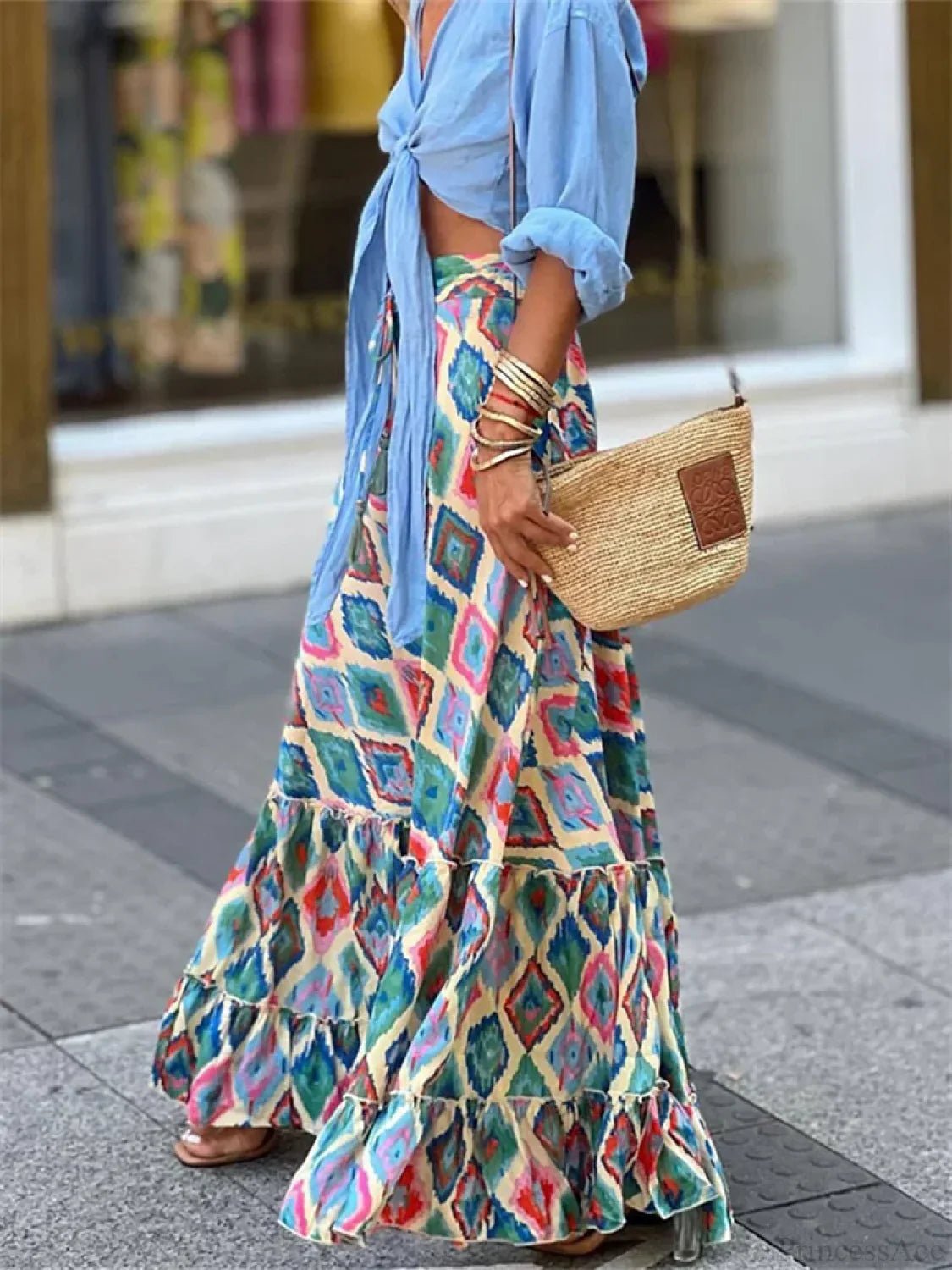 SOERA Celeste Flowy Boho Print Ruffled Hem Skirt - Skirts - Sky Blue S