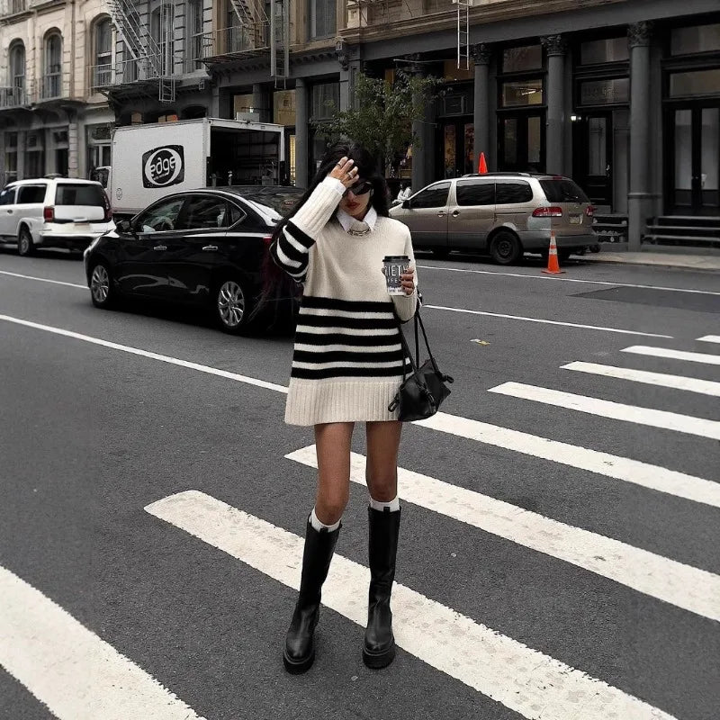SOERA Flora Oversized Turtle Neck Striped Sweater - Sweaters - 1005008097353902-;pp1764703454935747196 White M