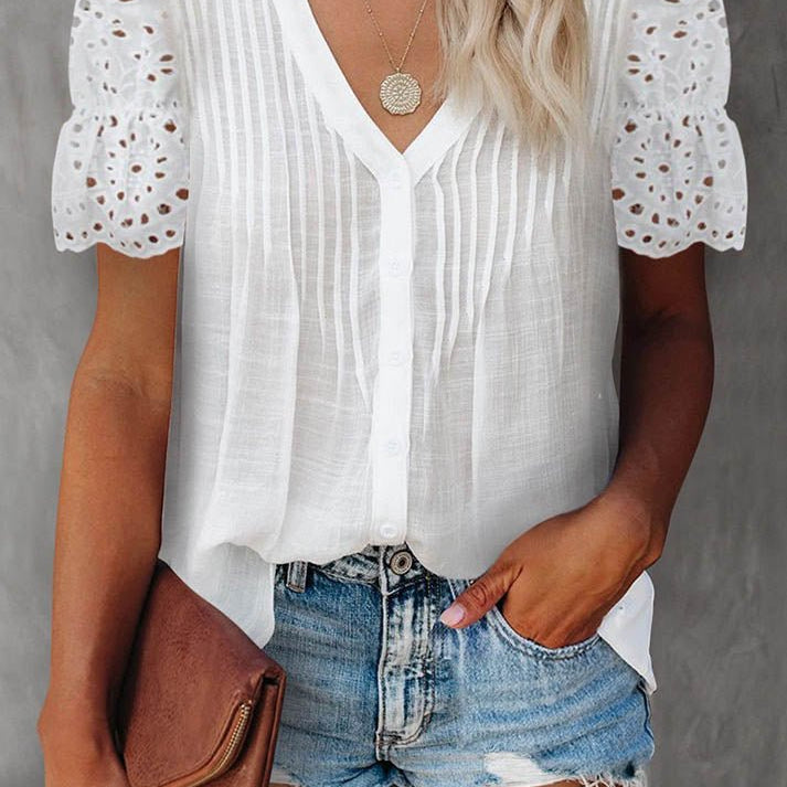 SOERA Beatrice V - Neck Lace Sleeve Top - Top - White S