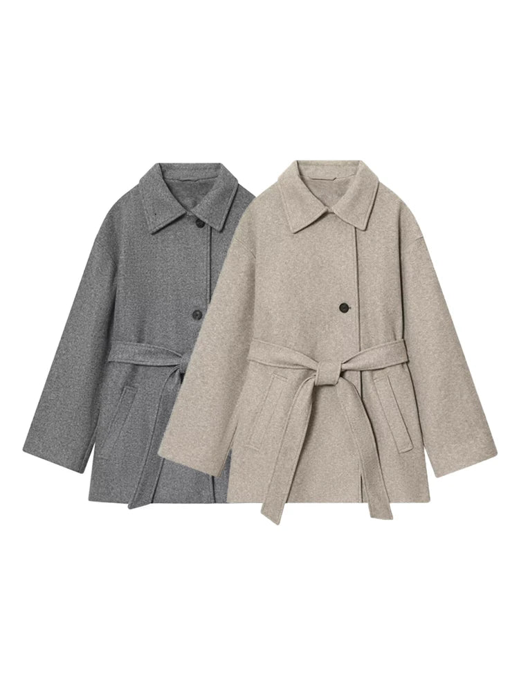 Chic Women's Wool Coat with Belt, Double-Position Collar & Front Pockets 0