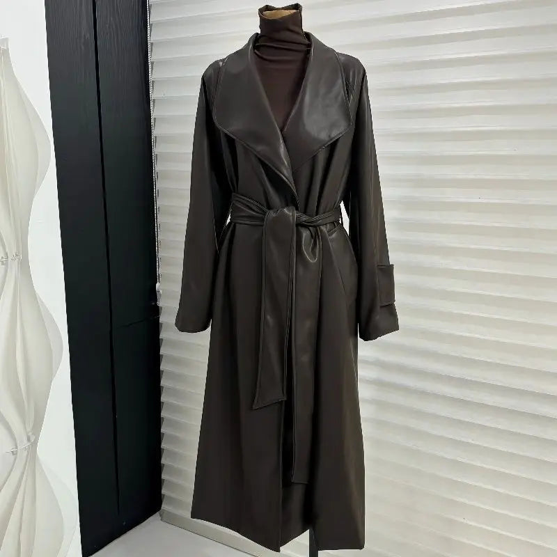 Elegant Long PU Leather Trench Coat for Women - Stylish Winter Outerwear 3