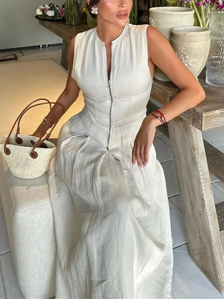 Elegant Summer Midi Dress - Womens Dress, Pleated Sleeveless Bodycon, Perfect for Wedding Guest & Cocktail Parties 1