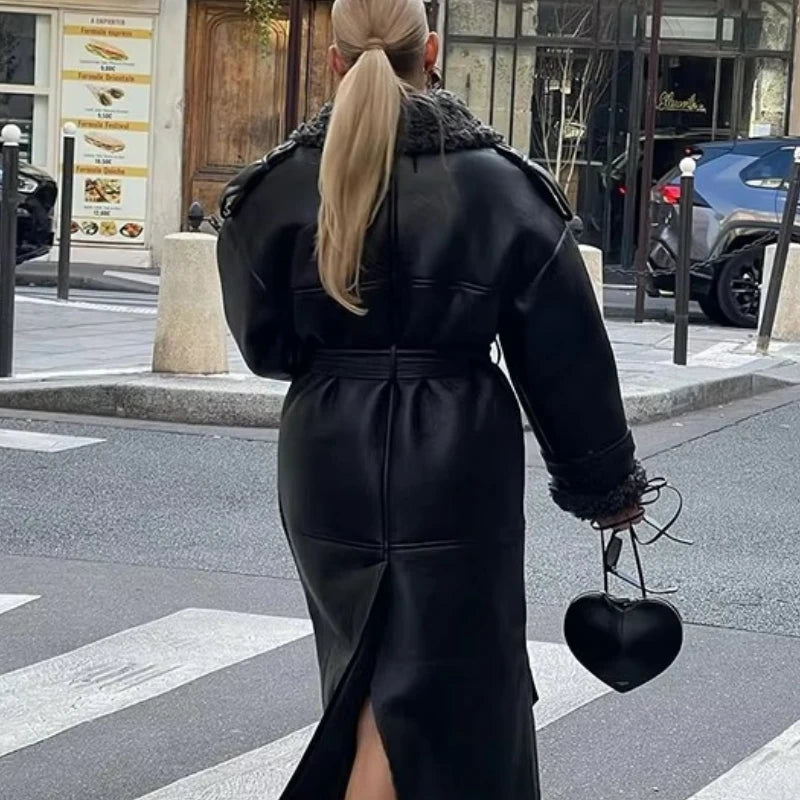 Faux Fur Leather Long Jacket Women - Chic Belted Winter Coat with Lapel and Long Sleeves for Stylish Winter Fashion 4