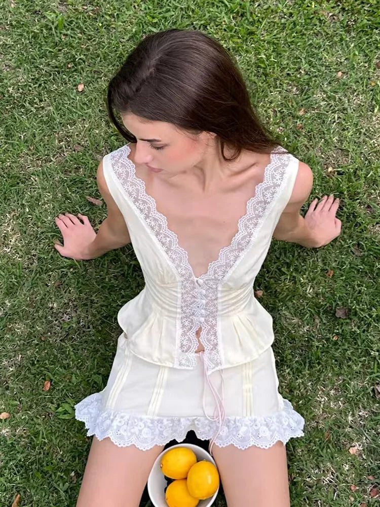 Foridol Women's Summer Dress Set - Cotton Lace Top and Skirt Outfit in Yellow 4