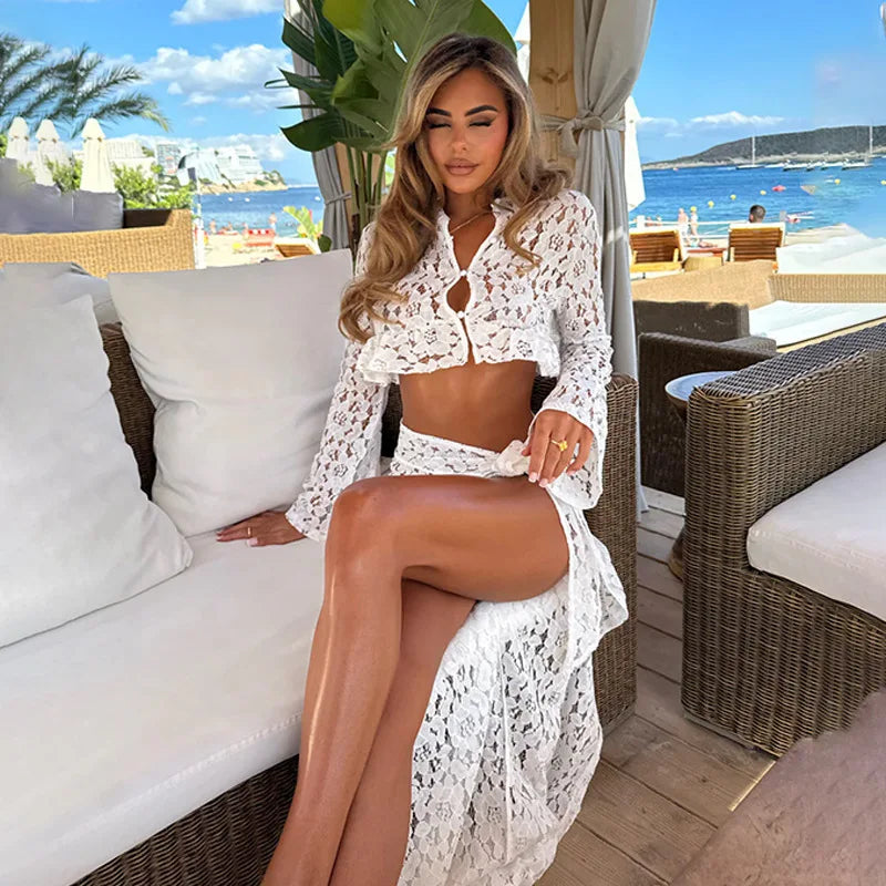 Hirigin Women's Beach Dress - Sexy Lace Cover Up Dress with Flare Sleeve Crop Top and Slit Bandage Long Skirt for Beachwear 1