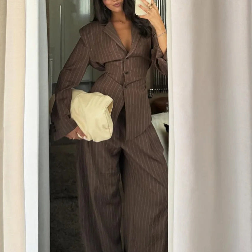 KONDALA Women's Suit - Chic Brown V-Neck Striped Blazer & High Waist Wide Leg Pants - Pant Suits for Women - Fall 2025 Casual Office Wear 0