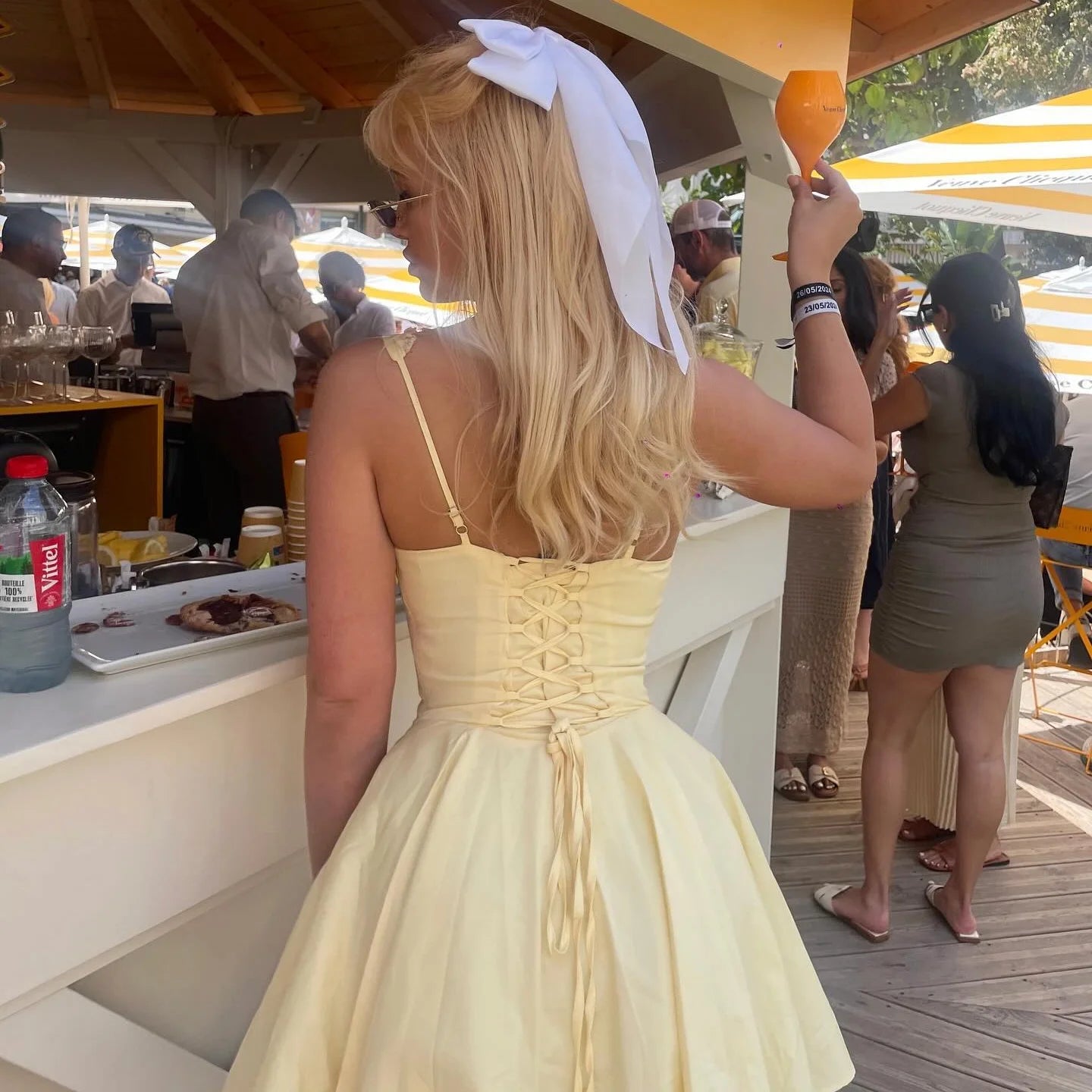 Mingmingxi 2024 Summer Lovely A Line Dress Yellow Sexy Party Dresses Hollow Out Lace Up Elegant Holiday Dress Women 3