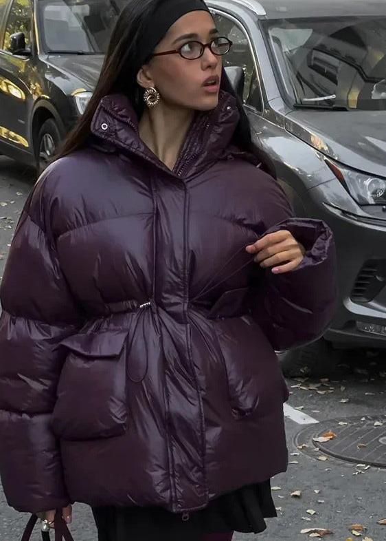 Oversized Glossy Puffer Jacket Women - Deep Plum Winter Outerwear Coat 4
