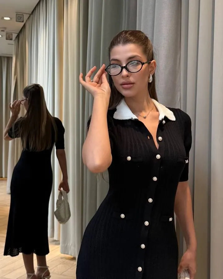 Hannelore French V-Neck Knitted Slit Dress